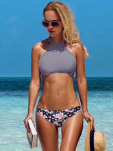 Beautyin Womens Floral Striped Halter High Neck Bikini Swimsuit Set Cross Back