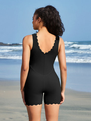 Beautyin Womens Athletic One Piece Swimsuit Ribbed Boyleg Side Pocket Bathing Suit