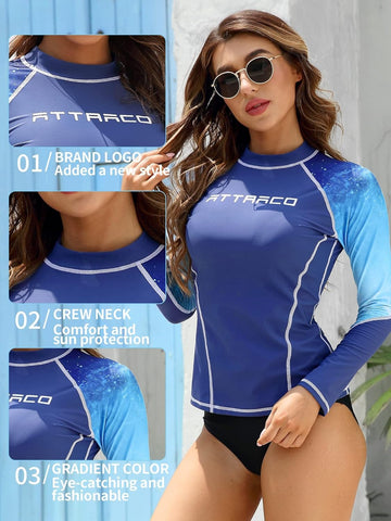 Women Long Sleeve Stylish Blue Gradient Color Swim Shirts Rash Guard