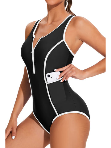 Beautyin Women Zipper One Piece Swimsuit Athletic Racerback Bathing Suit with Pockets