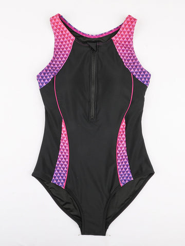 Front Zip One Piece Swimsuit Athletic Racerback Bathing Suit