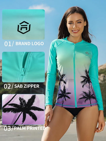 Color Gradient Zipper Long Sleeve Swim Shirt UPF50+ Rash Guard