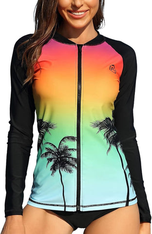 Sunset Gradient Zipper Long Sleeve Swim Shirt UPF50+ Rash Guard