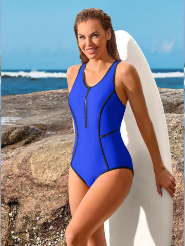 Beautyin Women Zipper One Piece Swimsuit Athletic Racerback Bathing Suit with Pockets