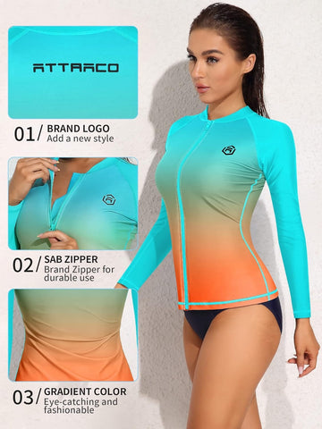 Color Gradient Zipper Long Sleeve Swim Shirt UPF50+ Rash Guard