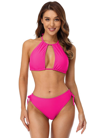 Women Two Piece Halter Padded Bikini Swimsuits Keyhole Cutout Swimwear